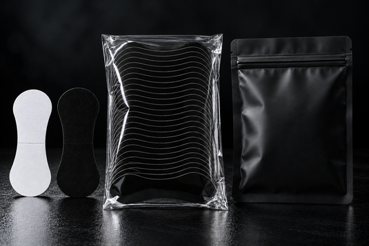 Nasal strips and packaging on a dark background